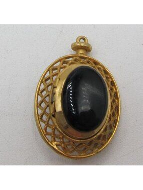 Vintage Gold Tone Filigree Oval Brooch Pendant With Black Stone Center